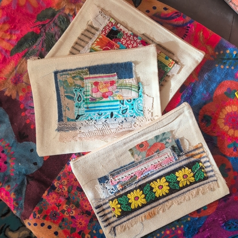 Upcycled Canvas Zipper Pouch PICK ONE! embellished w fabrics HANDMADE ITEM